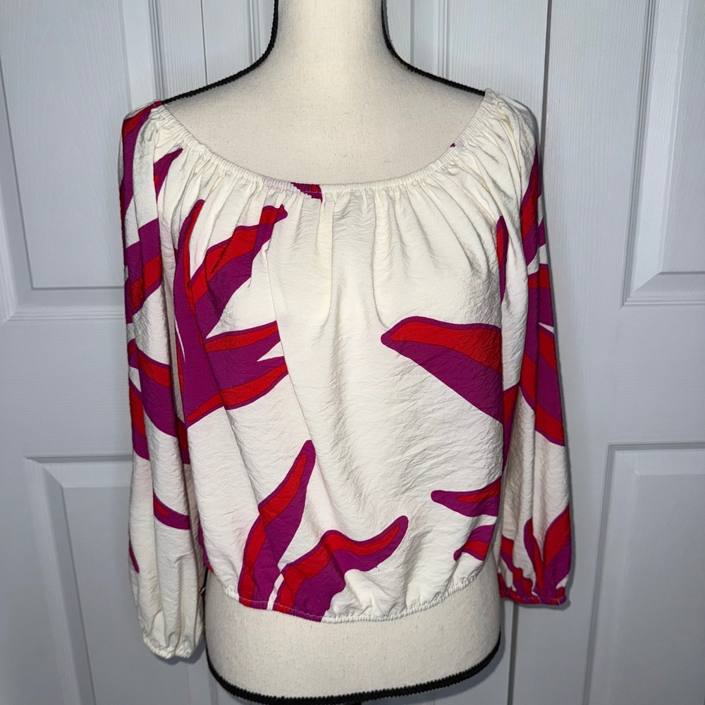 NINE WEST Cropped Women's Abstract‎ Print Off Shoulder Long Sleeve Blouse Top L - Picture 2 of 9